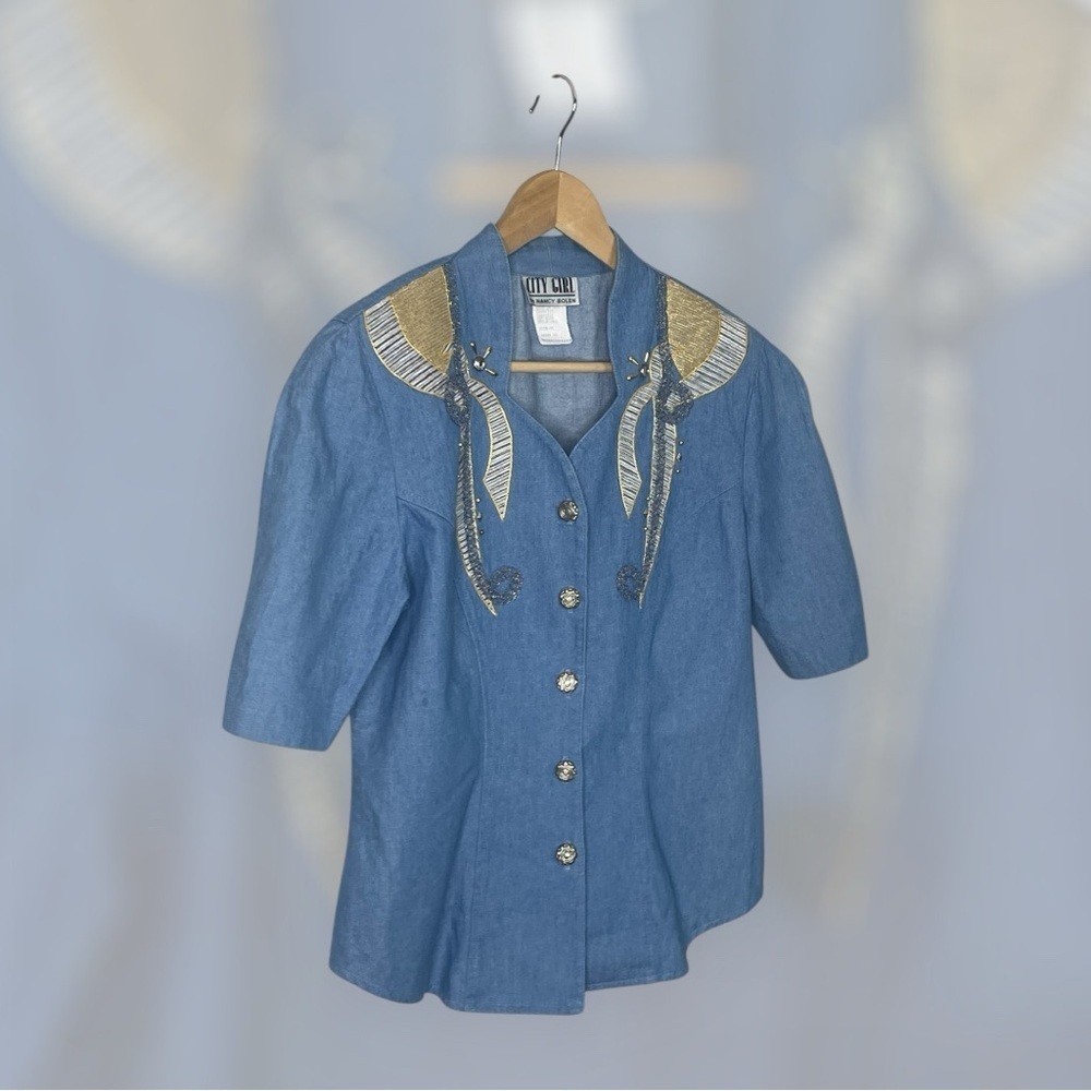 Vintage Blue Denim Button-Up Shirt with Gold Embellishments -10